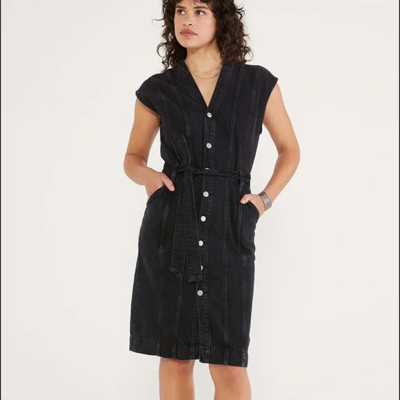 ETICA Issa Seamed Button-Front Denim Dress black denim v-neck midi - Picture 3 of 7